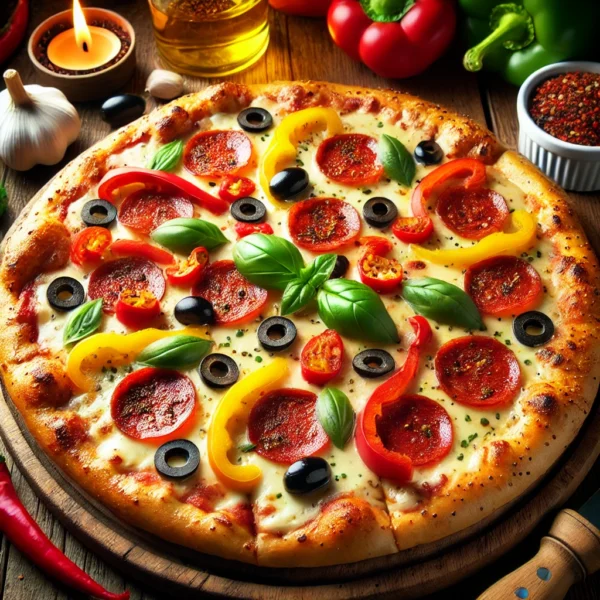 DALL·E 2025-02-12 02.59.24 - A delicious freshly baked pizza with a golden crispy crust, topped with melted cheese, pepperoni, bell peppers, black olives, and fresh basil. The piz
